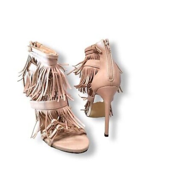 Liliana CG69 Women's Leatherette Open Toe Fringe Zip Stiletto Heel Sandal Size 8 - Picture 1 of 5